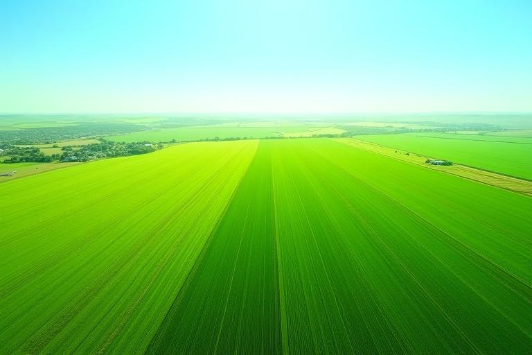Satellite view of vibrant green agricultural fields under a clear sky, symbolizing crop yield forecasting and precision agriculture.