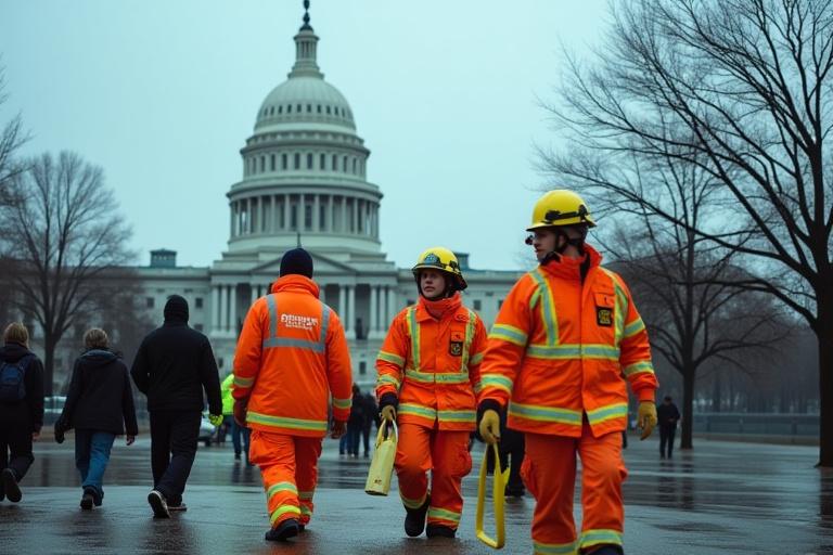 Emergency responders in reflective gear assisting citizens during a simulated flood, with a government building in the background, symbolizing public sector crisis management.