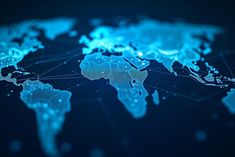 A complex logistics network map displaying optimal routes with weather overlays, showing trucks and ships moving, representing supply chain optimization.