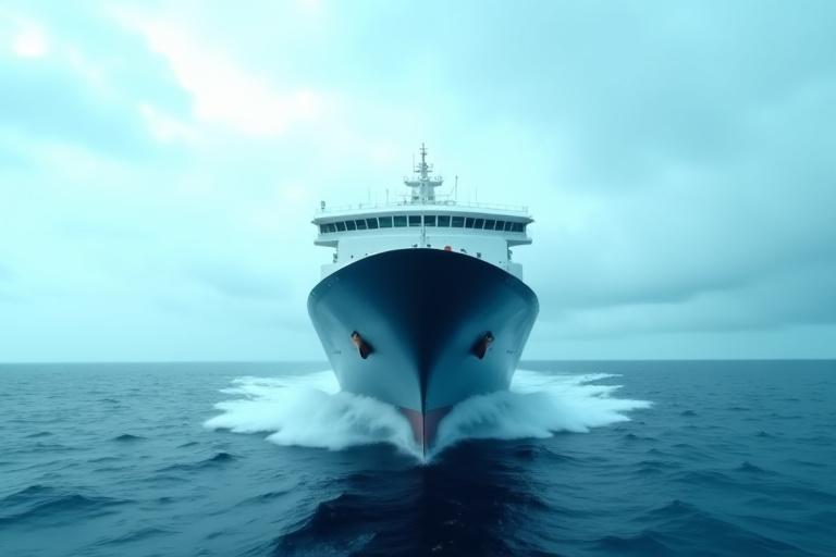 A large cargo ship navigating through calm but deep blue ocean waters under a dynamic sky, with subtle weather radar overlays.